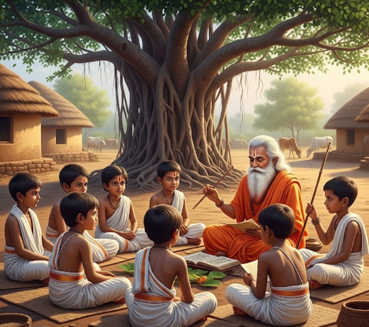 Children learning in a traditional Gurukul setting